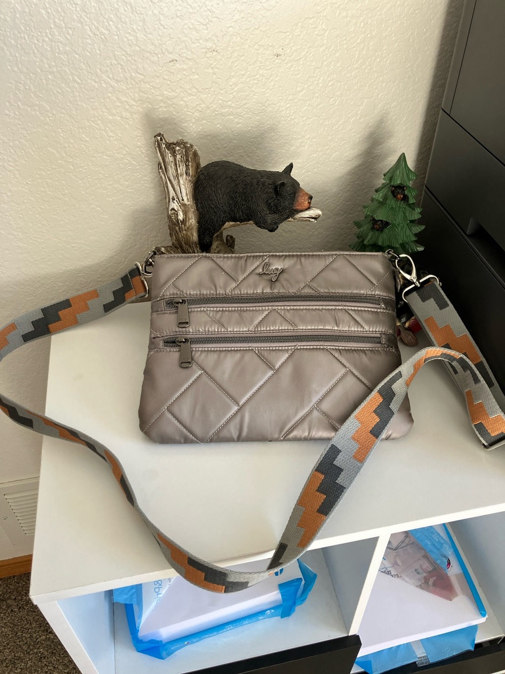 lug Quilted Crossbody Bag in Taupe with Geometric Strap